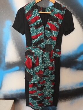 Burberry Silk Short-Sleeve Black/Teal/Red Ruffle Skirt Dress....
